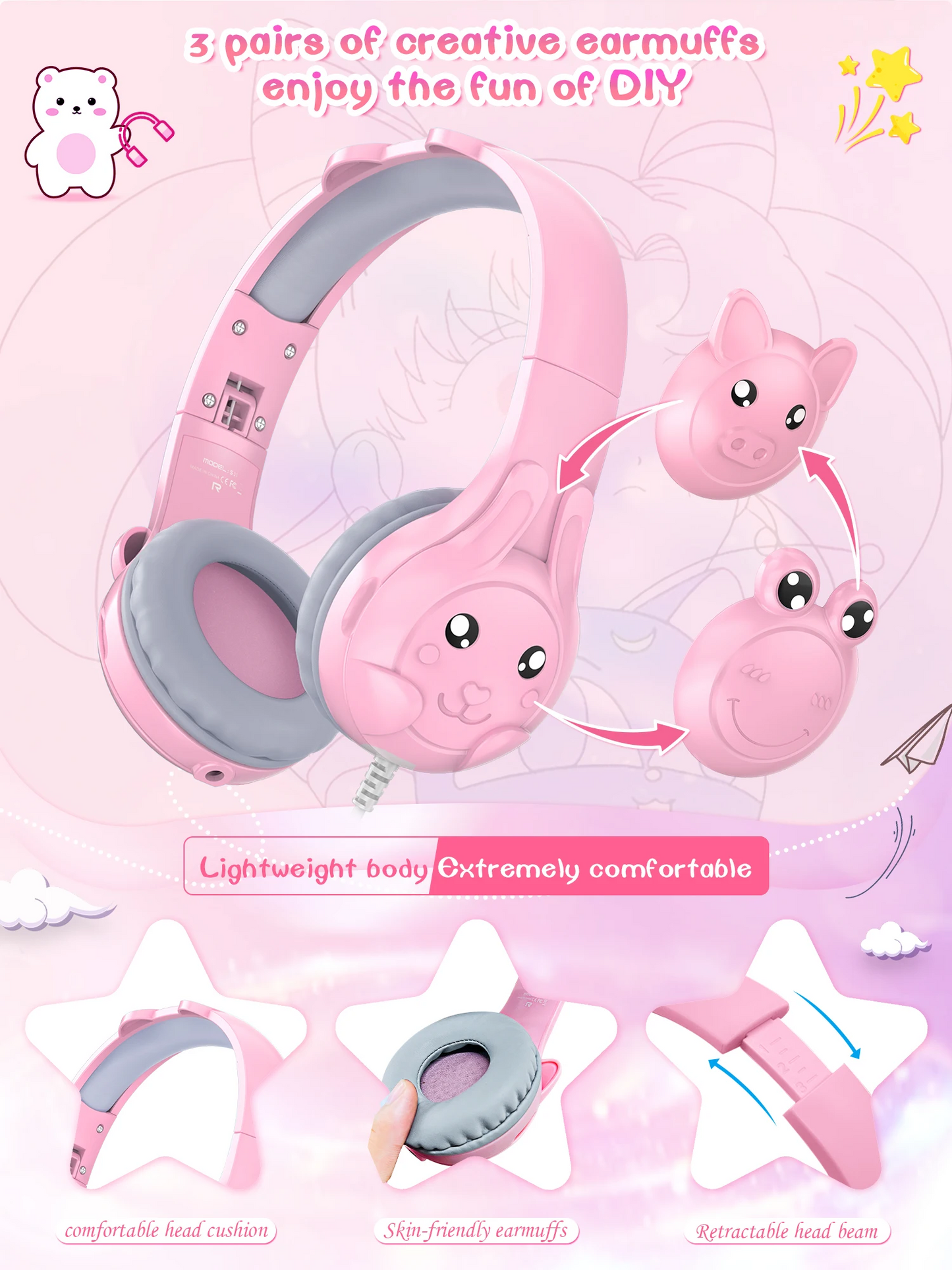 Children’s Headphone With Cable Control Cartoon DIY Headphone Folding Portable Mobile Phone Computer Universal